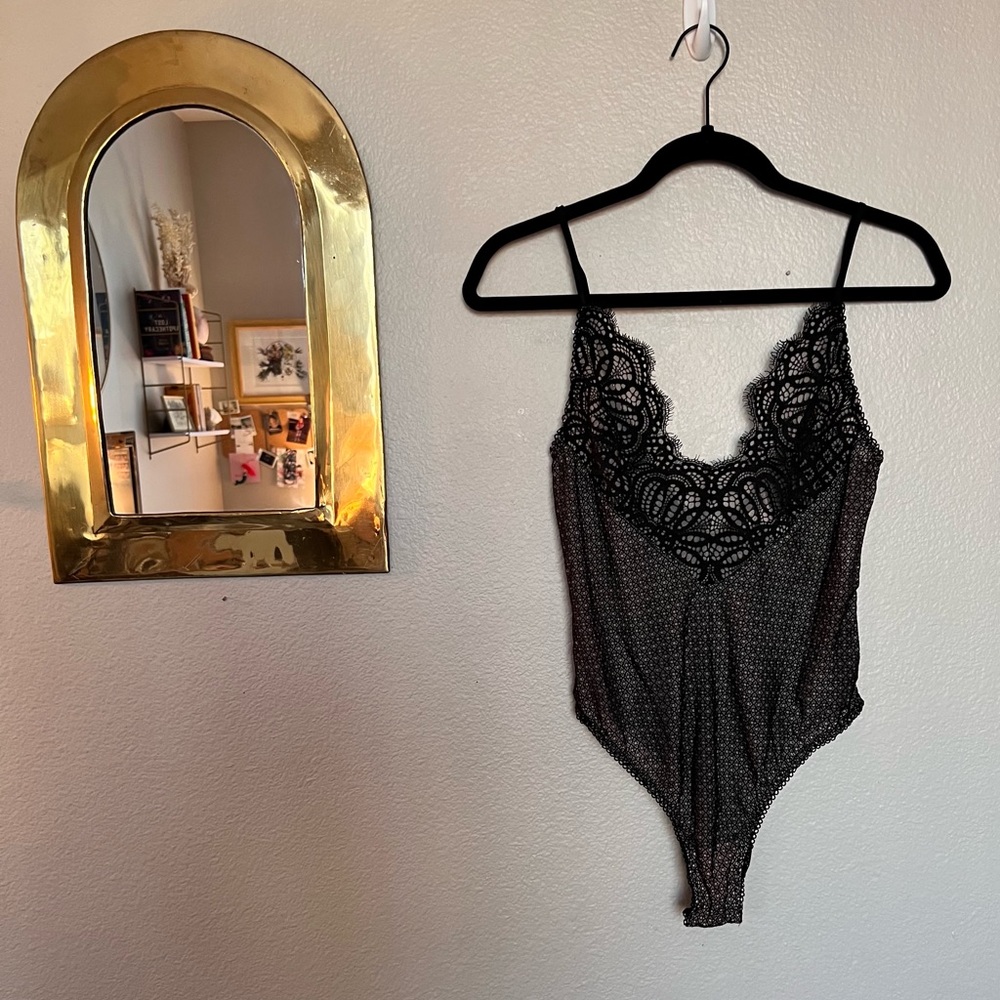 Never worn - Victoria’s Secret black lace lingerie one piece bodysuit with snaps